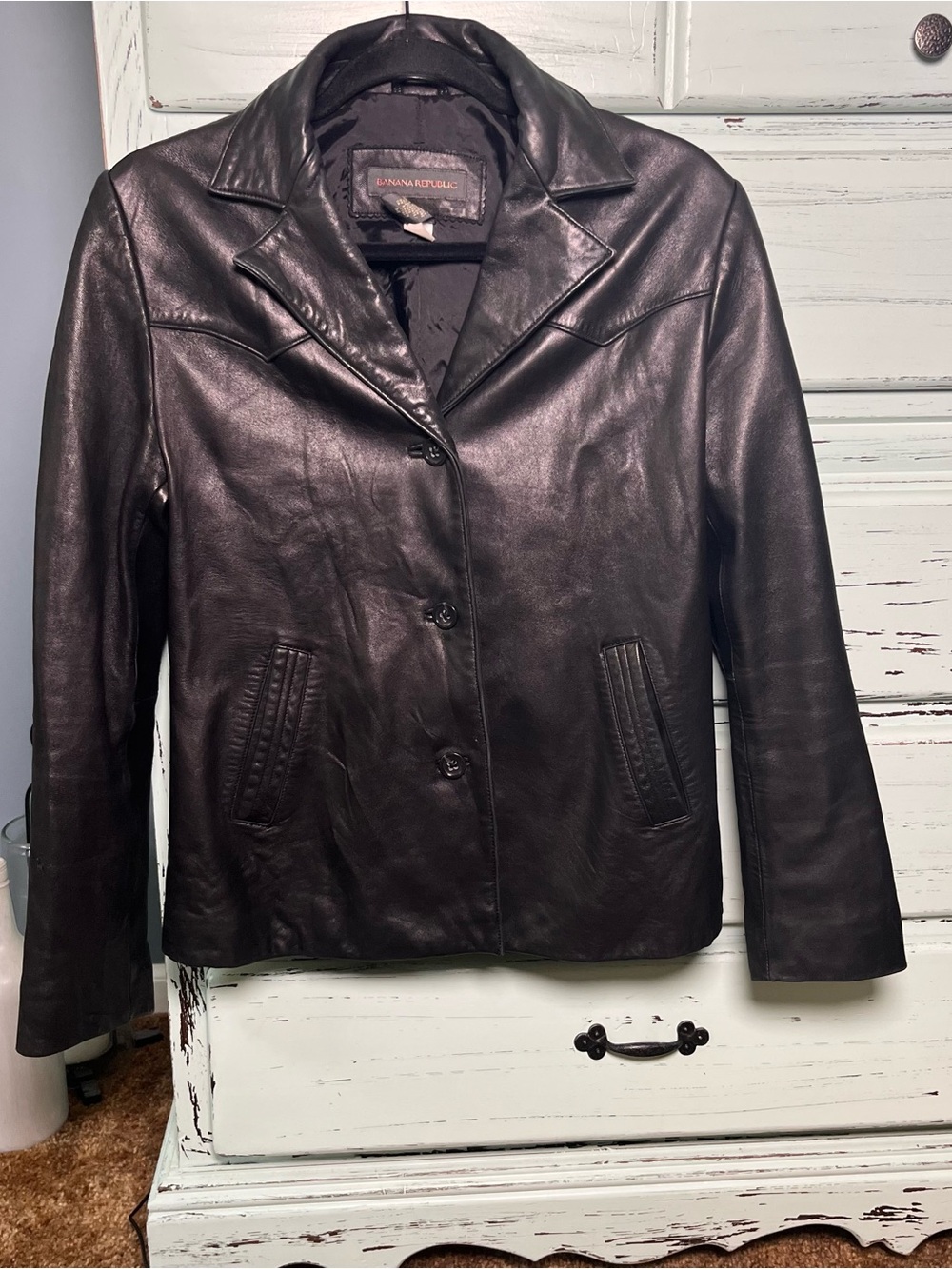 Banana Republic Vintage Black Leather Button-Up Jacket. Women’s size medium.